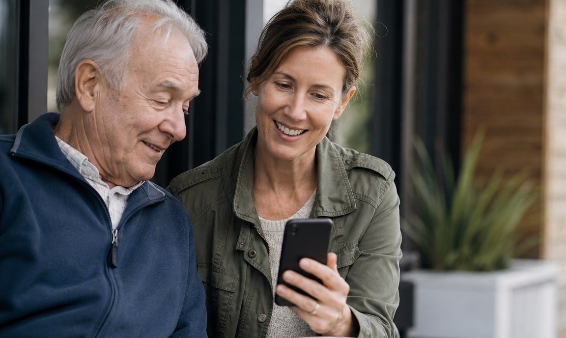 A woman showing her father something on her phone at a coffee-shop patio table, both relaxed.
