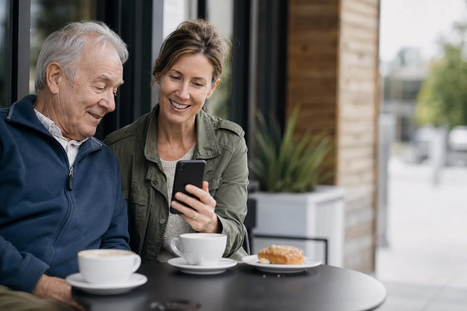 A woman showing her father something on her phone at a coffee-shop patio table, both relaxed.