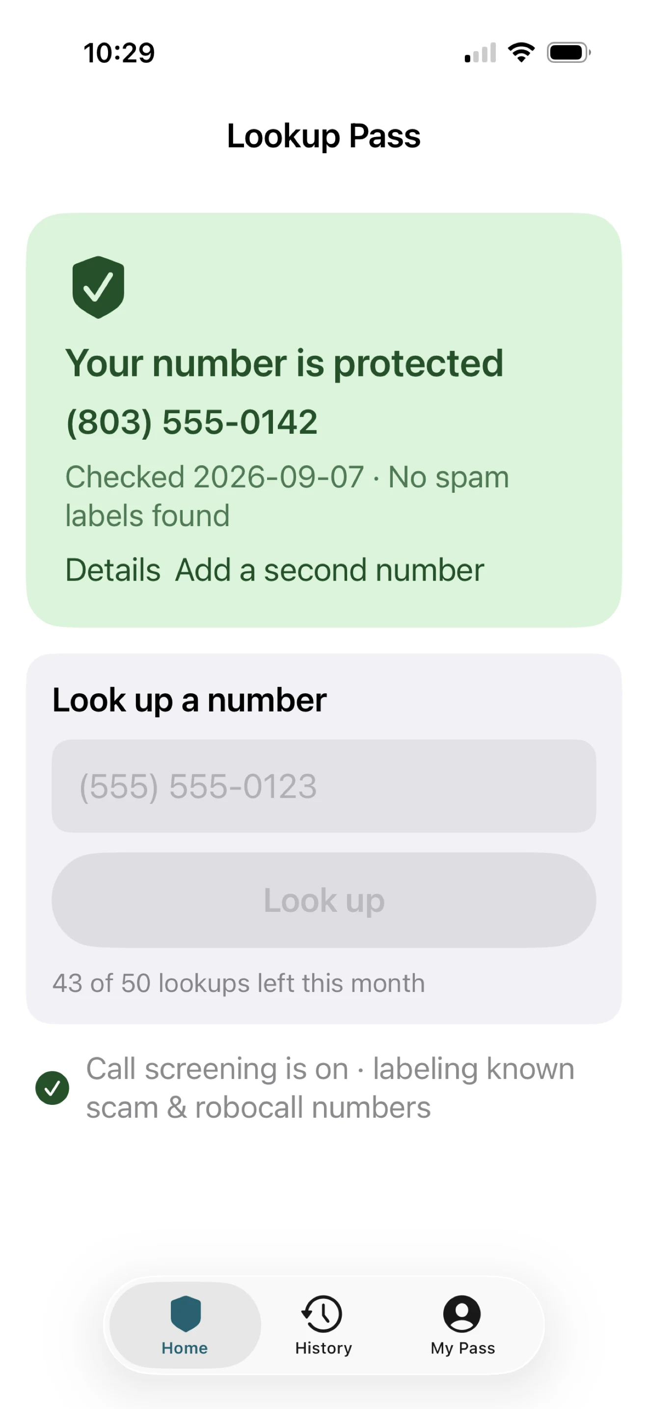 Lookup Pass app home screen on iPhone (demo account): your number is protected, look up a number.